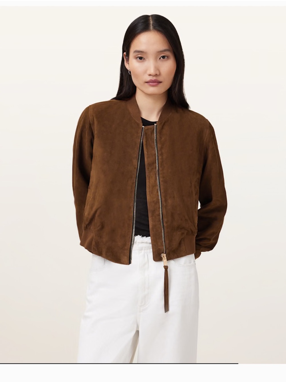 All Saints Orten Suede Bomber Jacket Cognac Brown Size 8